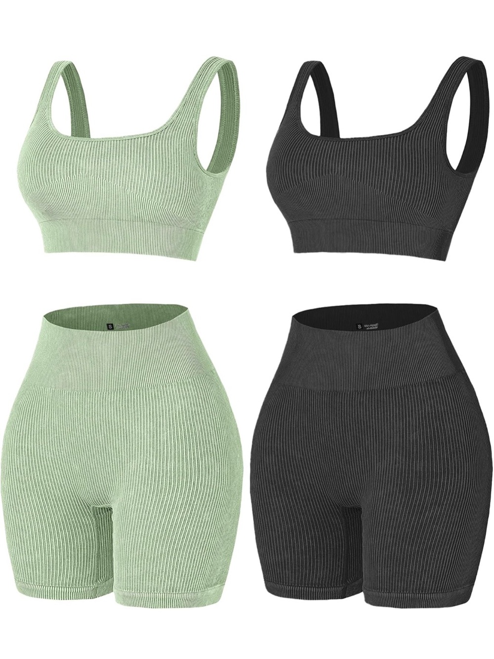 4 Set Seamless Ribbed Scoopneck Sports Bra & High-Waist Shorts Set -